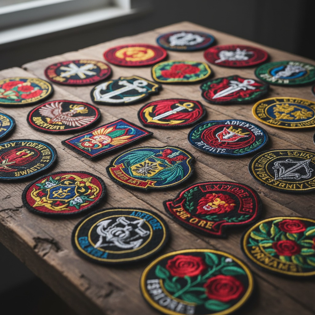 A collection of colorful, embroidered fabric patches with various designs are arranged on a rustic wooden table.