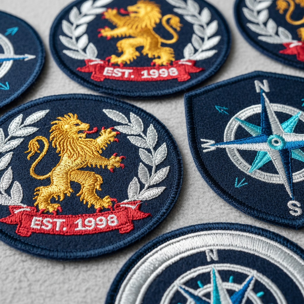 Several embroidered fabric patches featuring gold lions and blue compass designs are arranged on a light gray surface.
